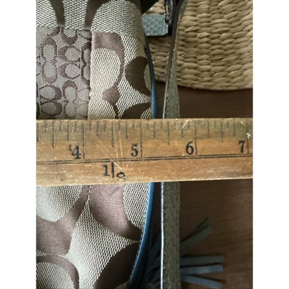 Vintage Brown Blue Coach Patchwork Logo Canvas Mini Handbag Suede Details Y2K - Picture 12 of 13
